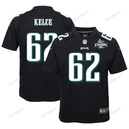 Jason Kelce 62 Philadelphia Eagles Super Bowl LVII Champions 2 Stars Youth Game Jersey - Black